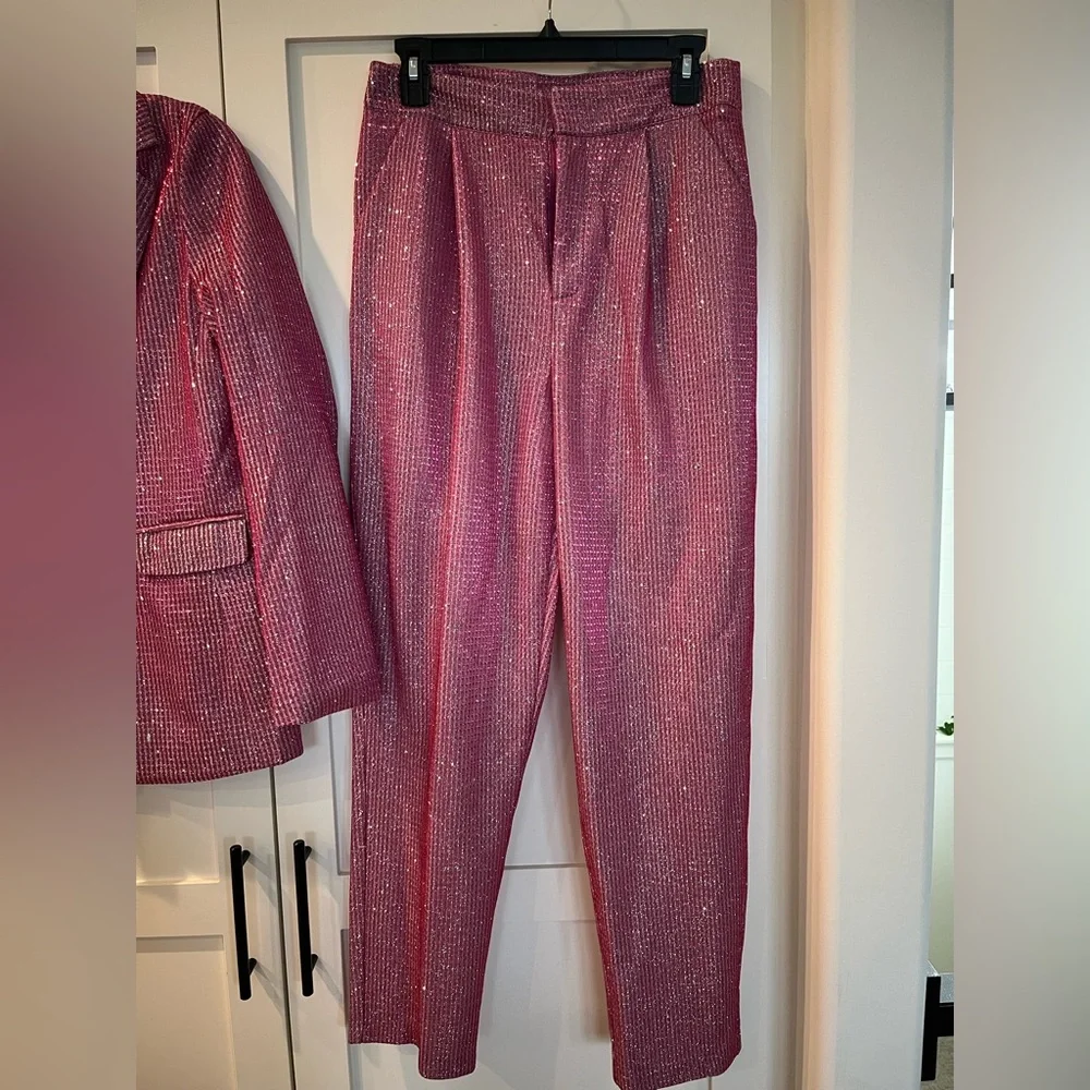 NWT Sans Souci Pink Sparkle Glitter Suit Set Blazer Pants Party NYE Medium